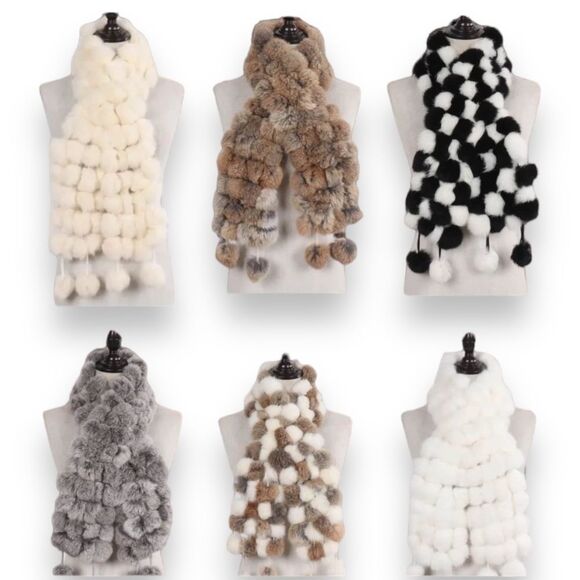 Super Soft Genuine Fur Pom Pom Scarf Neck Wrap Scarves NEW - Picture 1 of 4
